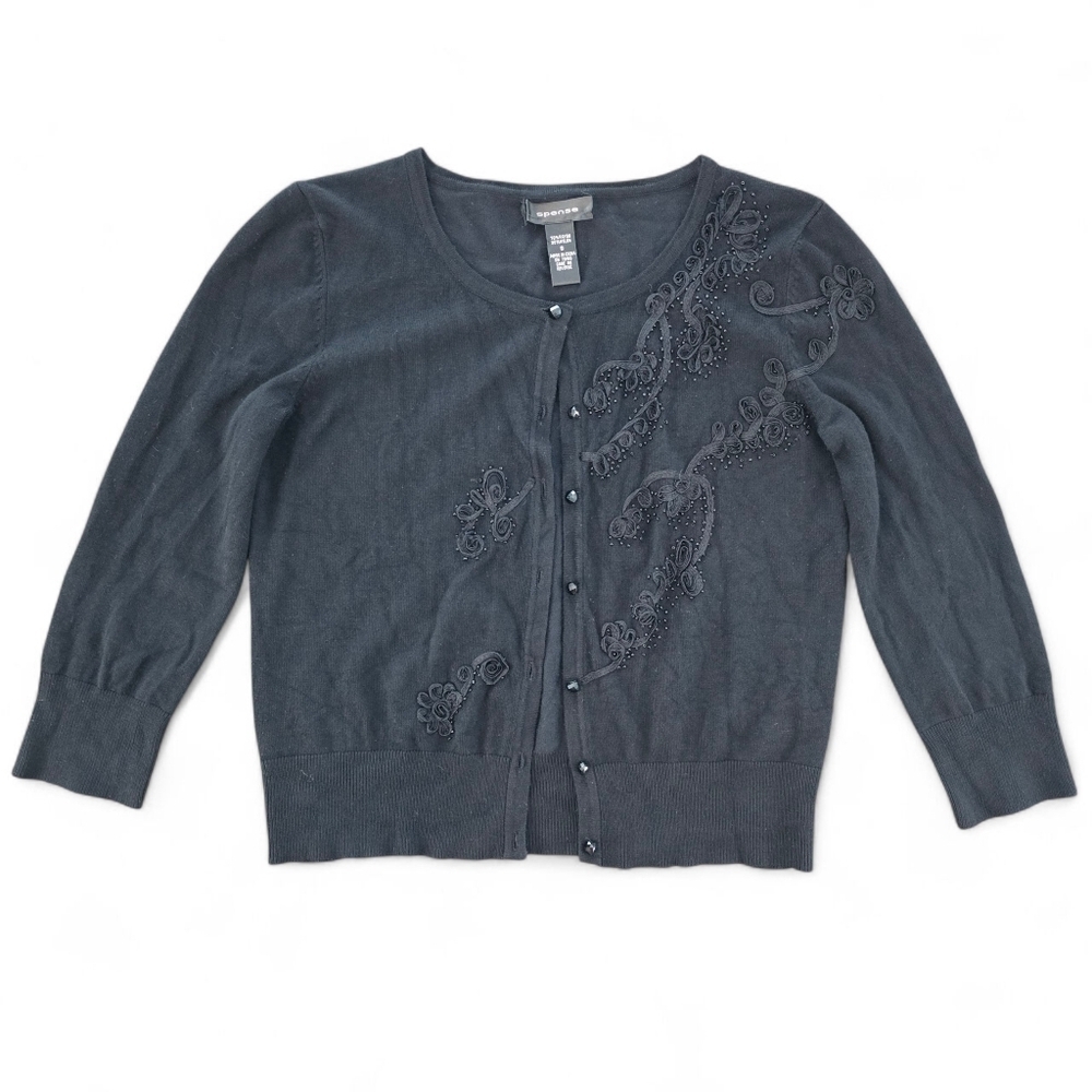 Spense Black Embellished Floral Beaded Cardigan Sweater Size S Button Front Y2K